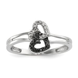 1/10 Cttw Black & White Diamond Double Heart Sterling Silver Ring Sz 7